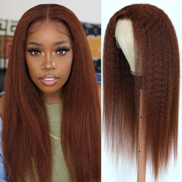 #33 Red Brown Auburn Colored Kinky Straight 13x6 HD Transparent Lace Frontal Wigs Alexwigs