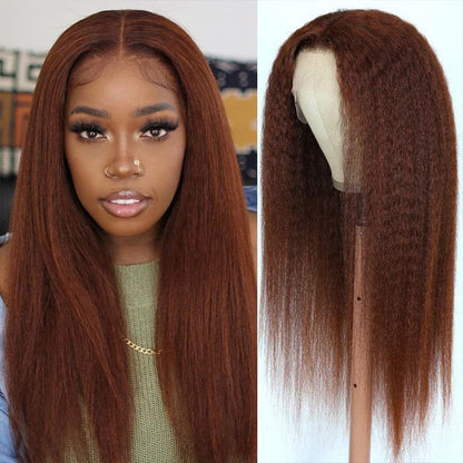 #33 Red Brown Auburn Colored Kinky Straight 13x6 HD Transparent Lace Frontal Wigs Alexwigs