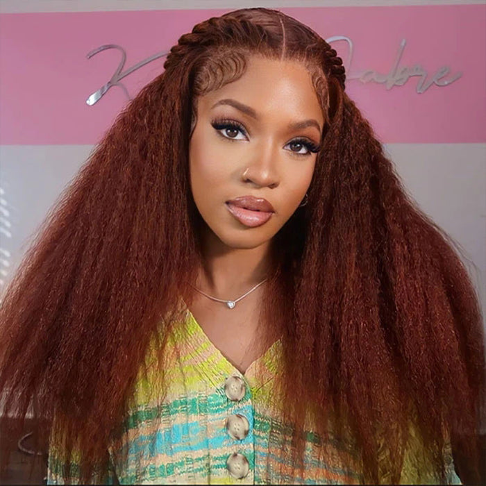 #33 Red Brown Auburn Colored Kinky Straight 13x4/5x5 HD Transparent Lace Frontal Wigs Alexwigs