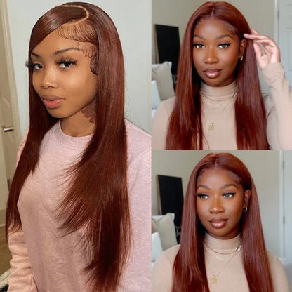 #33 Red Brown Auburn Colored Straight Lace Front Wig 13x4 13x6 HD Transparent Lace Frontal Wigs Alexwigs