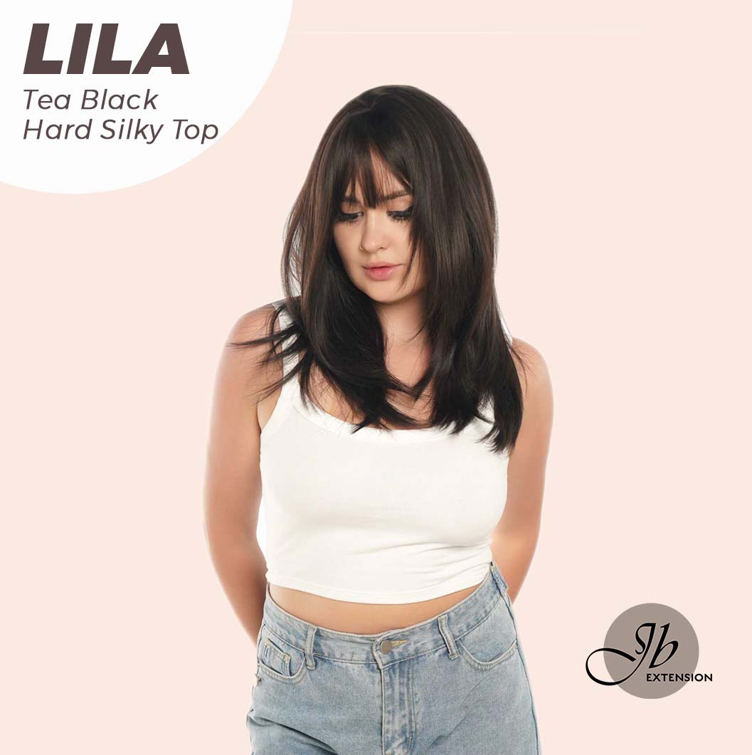 JBEXTENSION 20 Inches Scalpiana Tea Black Darkest Brown Wolf Cut 3.5X4 Hard Silky Top Natural Scalp Effect Wig With Bangs LILA TEA BLACK Alexwigs