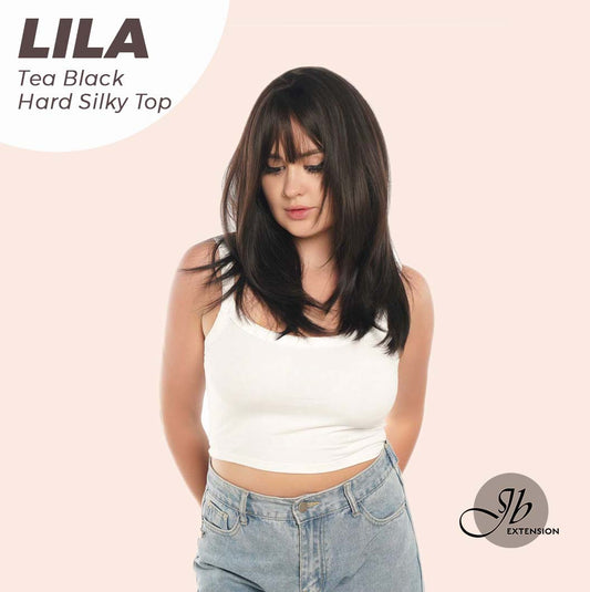 JBEXTENSION 20 Inches Scalpiana Tea Black Darkest Brown Wolf Cut 3.5X4 Hard Silky Top Natural Scalp Effect Wig With Bangs LILA TEA BLACK Alexwigs