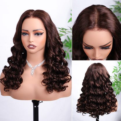 #4 Chocolate Brown Retro Glam Waves Glueless Wig 8x5 Closure HD Lace Pre Plucked Hairline Ready to Go Alexwigs