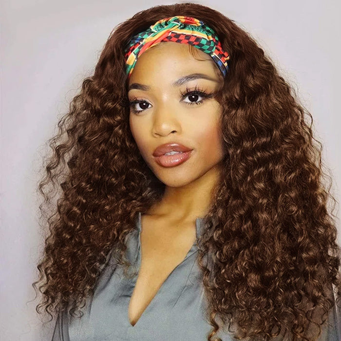 #4 Chocolate Brown Headband Wigs Virgin Human Hair No Gel No Glue Silk Scarf Wigs Alexwigs