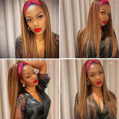 #4/27 Mix Color Highlights Headband Wigs 100% Virgin Human Hair No Gel No Glue Silk Scarf Wigs Alexwigs