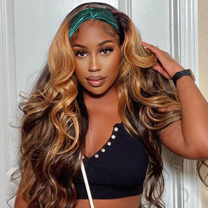 #4/27 Mix Color Highlights Headband Wigs 100% Virgin Human Hair No Gel No Glue Silk Scarf Wigs Alexwigs