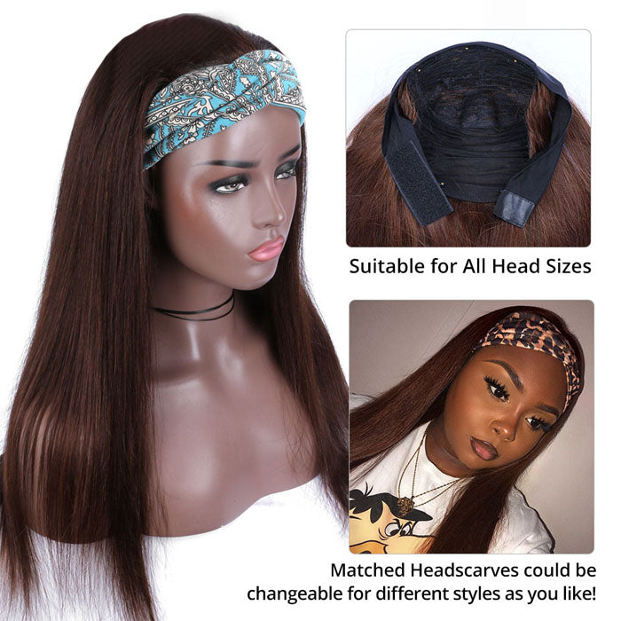 #4 Chocolate Brown Headband Wigs Virgin Human Hair No Gel No Glue Silk Scarf Wigs Alexwigs