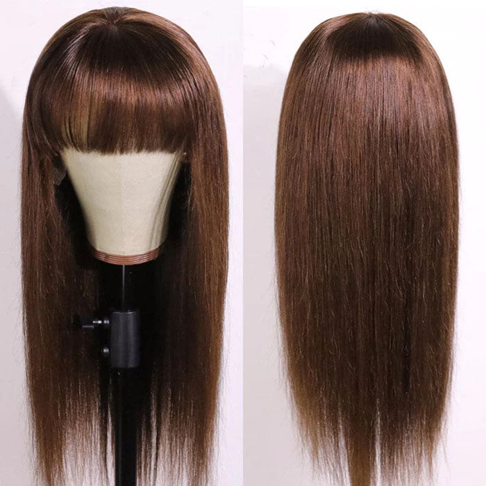 #4 Chocolate Brown Straight Wig With Bangs Glueless Top 2x4 Lace Wig With Bangs Alexwigs