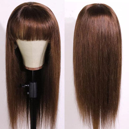 #4 Chocolate Brown Straight Wig With Bangs Glueless Top 2x4 Lace Wig With Bangs Alexwigs