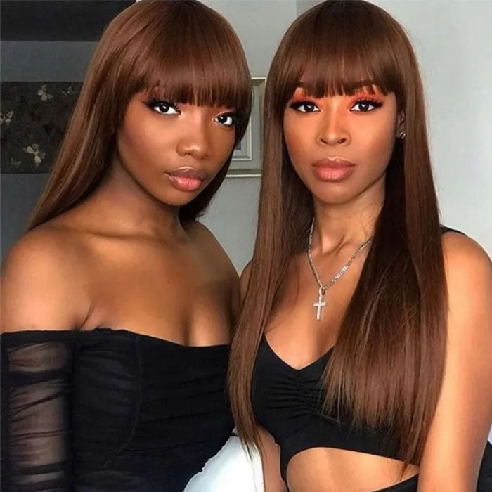 #4 Chocolate Brown Straight Wig With Bangs Glueless Top 2x4 Lace Wig With Bangs Alexwigs