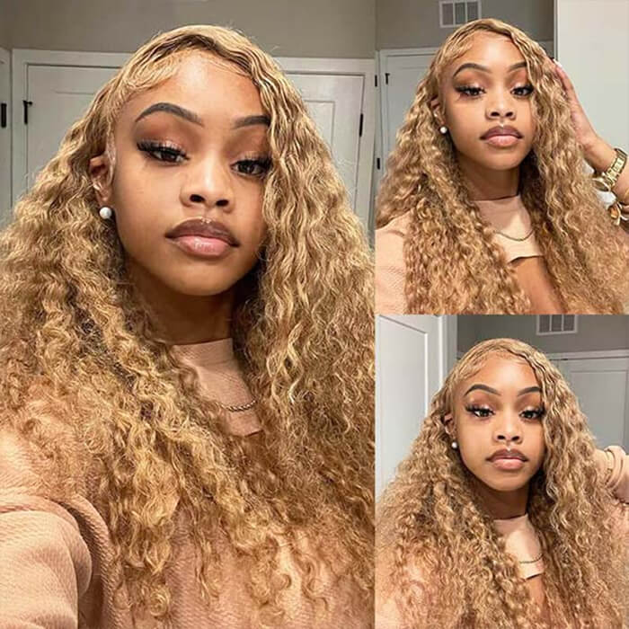 #27 Honey Blonde Deep Wave HD Lace Front Human Hair Wig with Pre Plucked Alexwigs