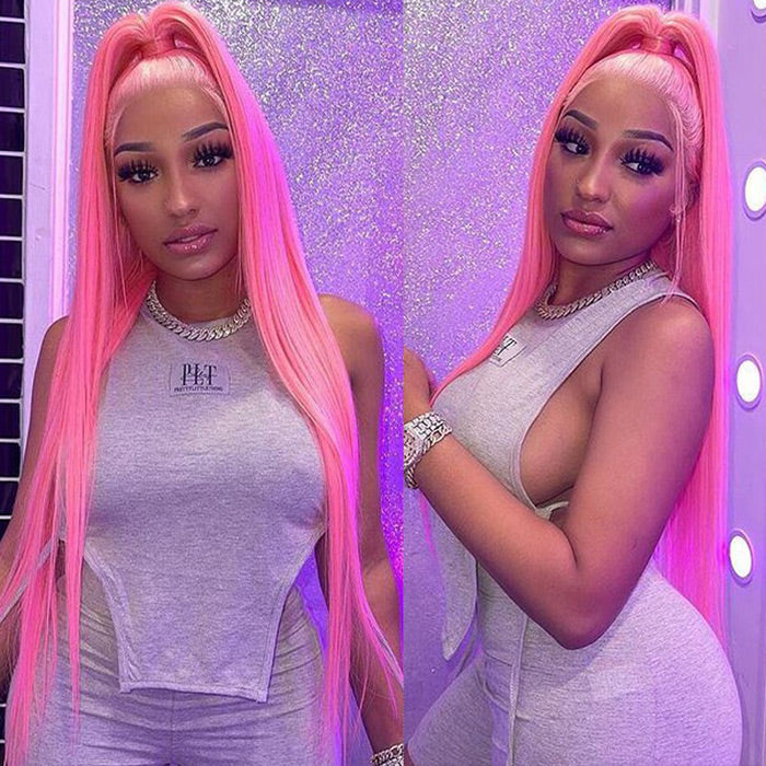 13x4 HD Lace Frontal  Human Hair Wigs Straight Pink Color Wig For Women Pre Plucked Bleached Knots Alexwigs