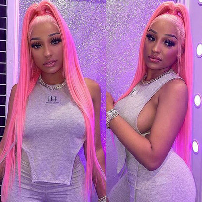 13x4 HD Lace Frontal  Human Hair Wigs Straight Pink Color Wig For Women Pre Plucked Bleached Knots Alexwigs