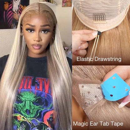 #P18/613 Highlight 13x6 Full Lace Frontal Straight Drawstring Wigs Pre Plucked HD Lace Human Hair Wigs Alexwigs