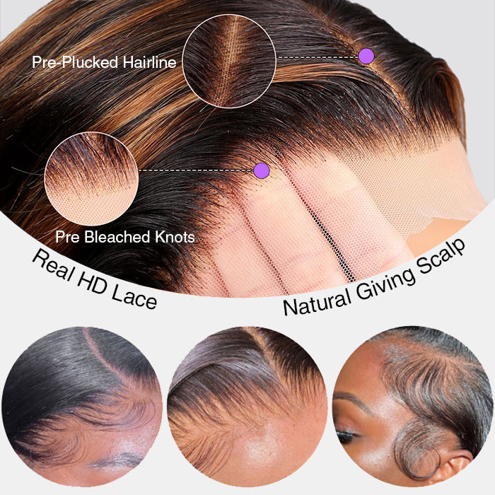 #1B/30 Balayage Highlight Wig Body Wave 4x4 HD Lace Closure Human Hair Wigs | Real HD Lace Alexwigs