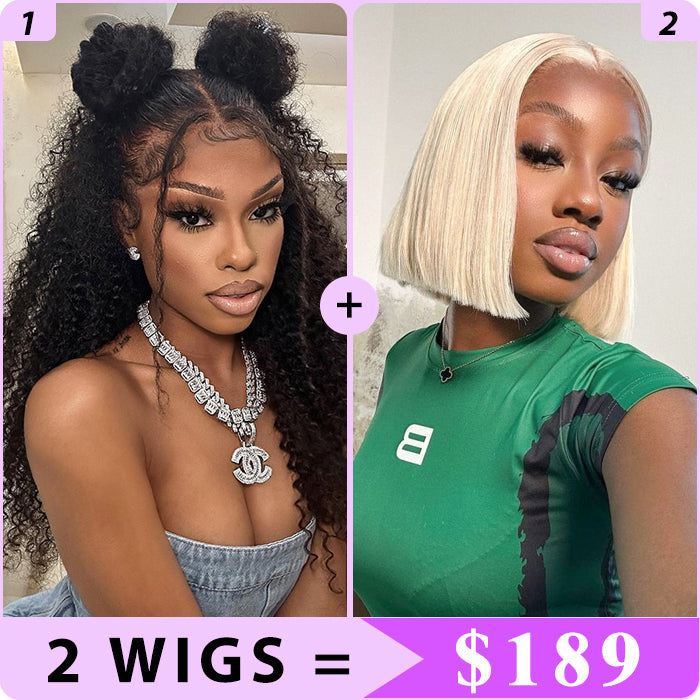 2 Wigs Set | Curly Hair 13x4 HD Lace Frontal Wig & #613 Blonde 5x5 HD Lace Bob Wig Alexwigs