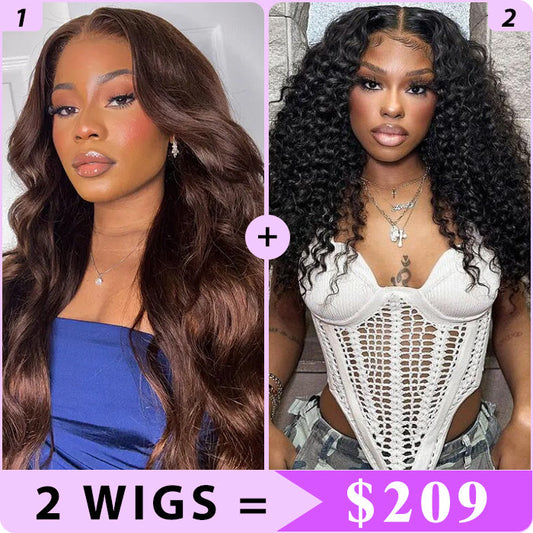 2 Wigs Set | #4 Brown Body Wave 13x4 HD Lace Frontal Wig & 8x5 HD Lace Bleached Knots Glueless Wig Alexwigs