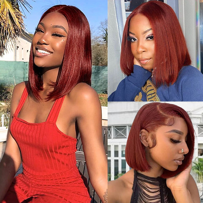 #33 Reddish Brown Color Straight Short Bob Red Brown Wig 13x4 Bob Lace Frontal Wigs 220% Density Alexwigs