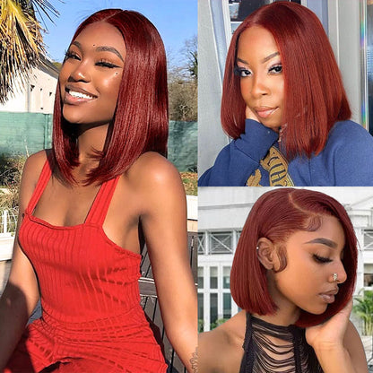 #33 Reddish Brown Color Straight Short Bob Red Brown Wig 13x4 Bob Lace Frontal Wigs 220% Density Alexwigs
