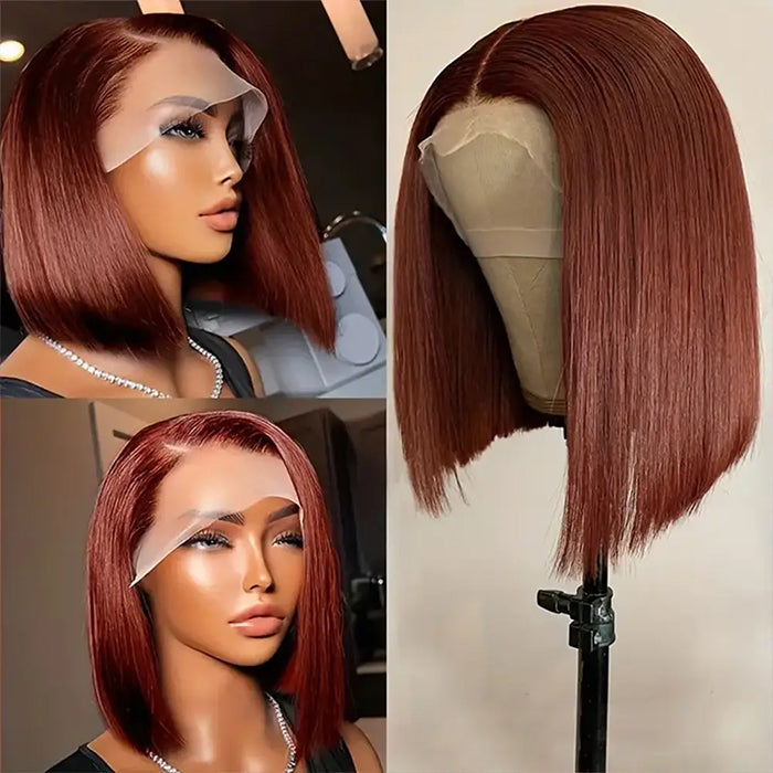 #33 Reddish Brown Color Straight Short Bob Red Brown Wig 13x4 Bob Lace Frontal Wigs 220% Density Alexwigs
