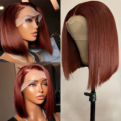 #33 Reddish Brown Color Straight Short Bob Red Brown Wig 13x4 Bob Lace Frontal Wigs 220% Density Alexwigs