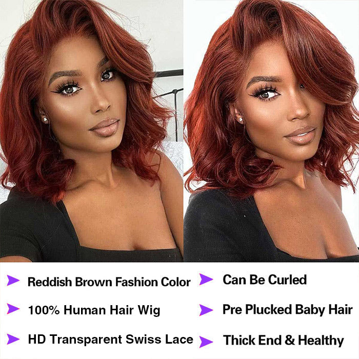 #33 Reddish Brown Color Straight Short Bob Red Brown Wig 13x4 Bob Lace Frontal Wigs 220% Density Alexwigs
