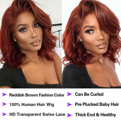 #33 Reddish Brown Color Straight Short Bob Red Brown Wig 13x4 Bob Lace Frontal Wigs 220% Density Alexwigs