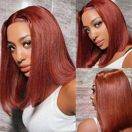 #33 Reddish Brown Color Straight Short Bob Red Brown Wig 13x4 Bob Lace Frontal Wigs 220% Density Alexwigs