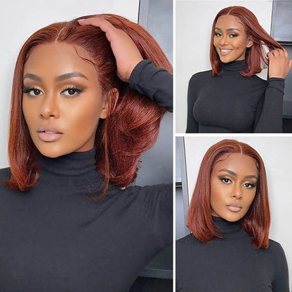 #33 Reddish Brown Color Straight Short Bob Red Brown Wig 13x4 Bob Lace Frontal Wigs 220% Density Alexwigs