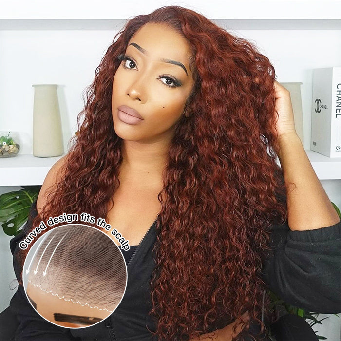 #33 Reddish Brown Water Wave Glueless Wig Big Parting 8*5 HD Lace Closure Wigs Ready To Wear Alexwigs