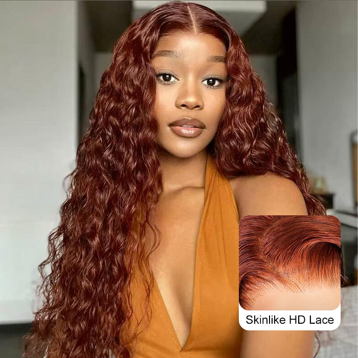 #33 Reddish Brown Water Wave Glueless Wig Big Parting 8*5 HD Lace Closure Wigs Ready To Wear Alexwigs