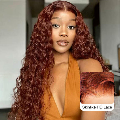 #33 Reddish Brown Water Wave Glueless Wig Big Parting 8*5 HD Lace Closure Wigs Ready To Wear Alexwigs