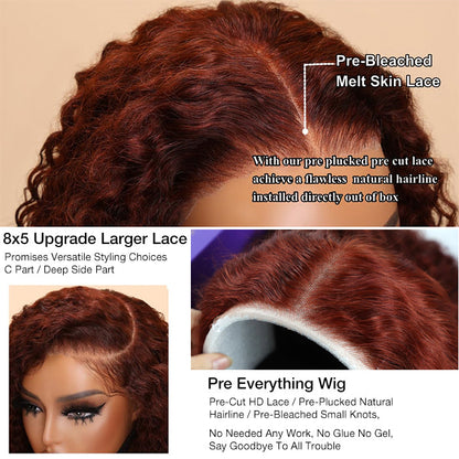 #33 Reddish Brown Water Wave Glueless Wig Big Parting 8*5 HD Lace Closure Wigs Ready To Wear Alexwigs