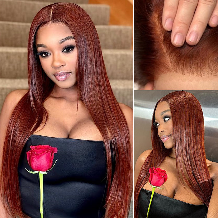 #33 Auburn Reddish Brown Color 4x4 HD Transparent Lace Closure Human Hair Wigs Alexwigs