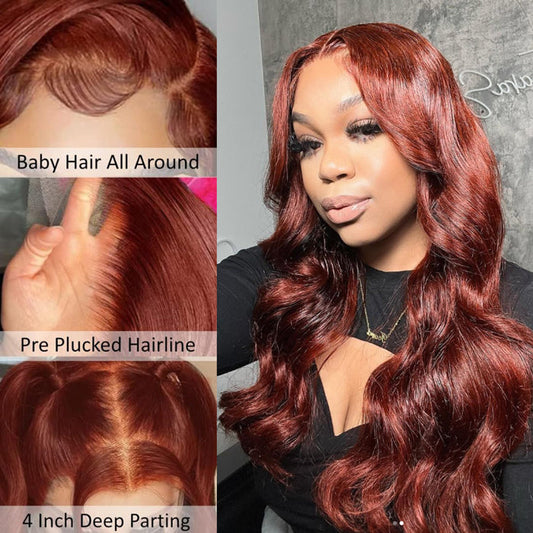 #33 Auburn Reddish Brown Color 4x4 HD Transparent Lace Closure Human Hair Wigs Alexwigs