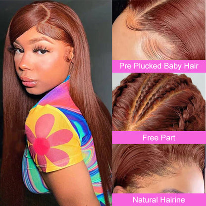 #33 Reddish Brown Color Invisible-Pull String 360 Lace Frontal Wigs Glueless HD Lace Human Hair Wigs Alexwigs