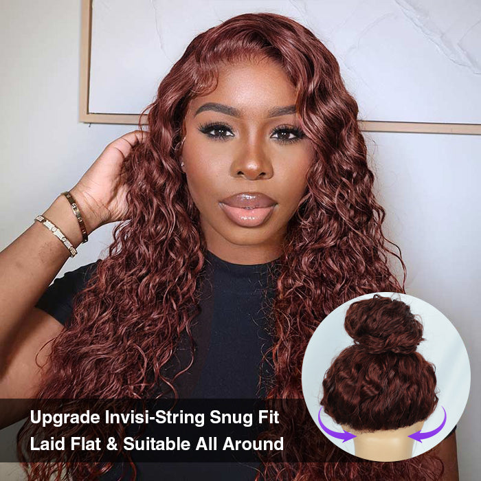 #33 Reddish Brown Water Wave Invisi-Pull String Snug Fit 360 HD Lace Frontal Pre-Cut & Pre-Plucked Glueless Wig Alexwigs