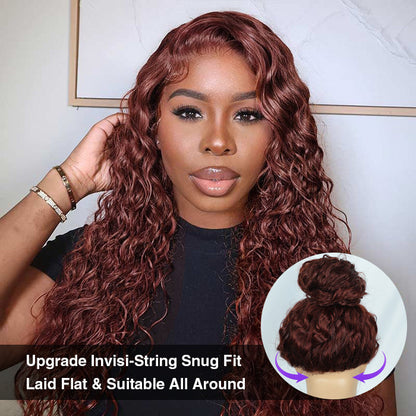 #33 Reddish Brown Water Wave Invisi-Pull String Snug Fit 360 HD Lace Frontal Pre-Cut & Pre-Plucked Glueless Wig Alexwigs