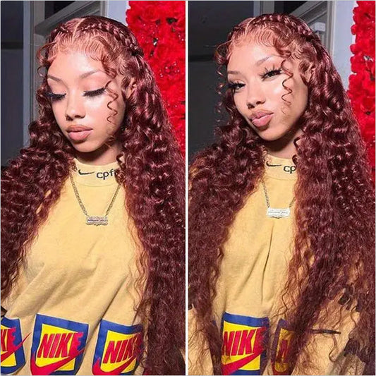 #33 Reddish Brown Water Wave Invisi-Pull String Snug Fit 360 HD Lace Frontal Pre-Cut & Pre-Plucked Glueless Wig Alexwigs
