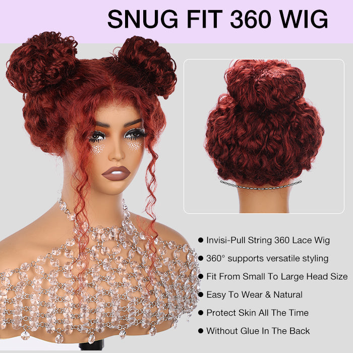 #33 Reddish Brown Water Wave Invisi-Pull String Snug Fit 360 HD Lace Frontal Pre-Cut & Pre-Plucked Glueless Wig Alexwigs