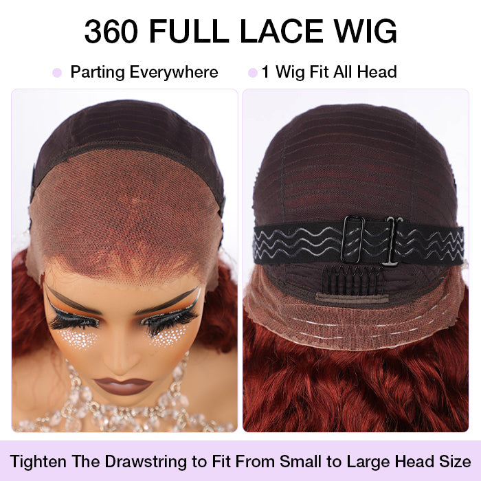 #33 Reddish Brown Water Wave Invisi-Pull String Snug Fit 360 HD Lace Frontal Pre-Cut & Pre-Plucked Glueless Wig Alexwigs