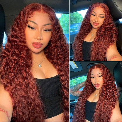 #33 Reddish Brown Water Wave Invisi-Pull String Snug Fit 360 HD Lace Frontal Pre-Cut & Pre-Plucked Glueless Wig Alexwigs