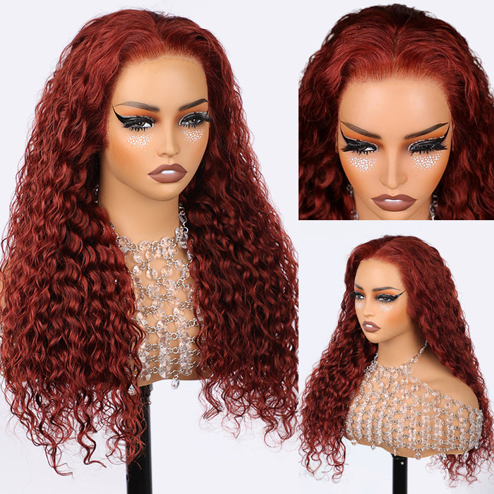 #33 Reddish Brown Water Wave Invisi-Pull String Snug Fit 360 HD Lace Frontal Pre-Cut & Pre-Plucked Glueless Wig Alexwigs