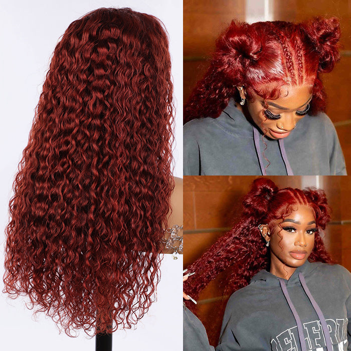 #33 Reddish Brown Water Wave Invisi-Pull String Snug Fit 360 HD Lace Frontal Pre-Cut & Pre-Plucked Glueless Wig Alexwigs