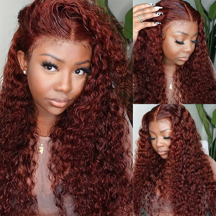 #33 Reddish Brown Water Wave Glueless Wig Big Parting 8*5 HD Lace Closure Wigs Ready To Wear Alexwigs