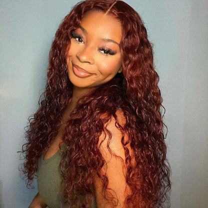 #33 Reddish Brown Water Wave Glueless Wig Big Parting 8*5 HD Lace Closure Wigs Ready To Wear Alexwigs