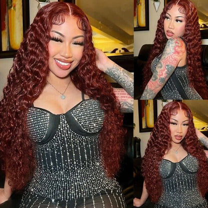 #33 Reddish Brown Water Wave Glueless Wig Big Parting 8*5 HD Lace Closure Wigs Ready To Wear Alexwigs