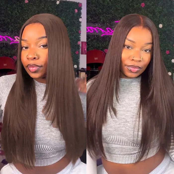 #4 Chocolate Brown Layered Cut Straight 13x4 HD Lace Front Wig Glueless Human Hair Wigs Alexwigs