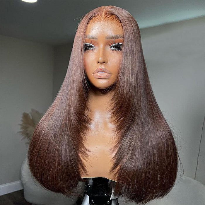 #4 Chocolate Brown Layered Cut Straight 13x4 HD Lace Front Wig Glueless Human Hair Wigs Alexwigs