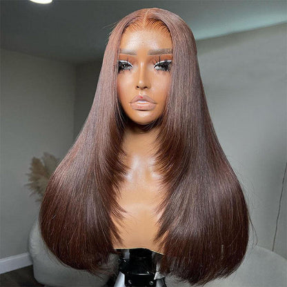 #4 Chocolate Brown Layered Cut Straight 13x4 HD Lace Front Wig Glueless Human Hair Wigs Alexwigs